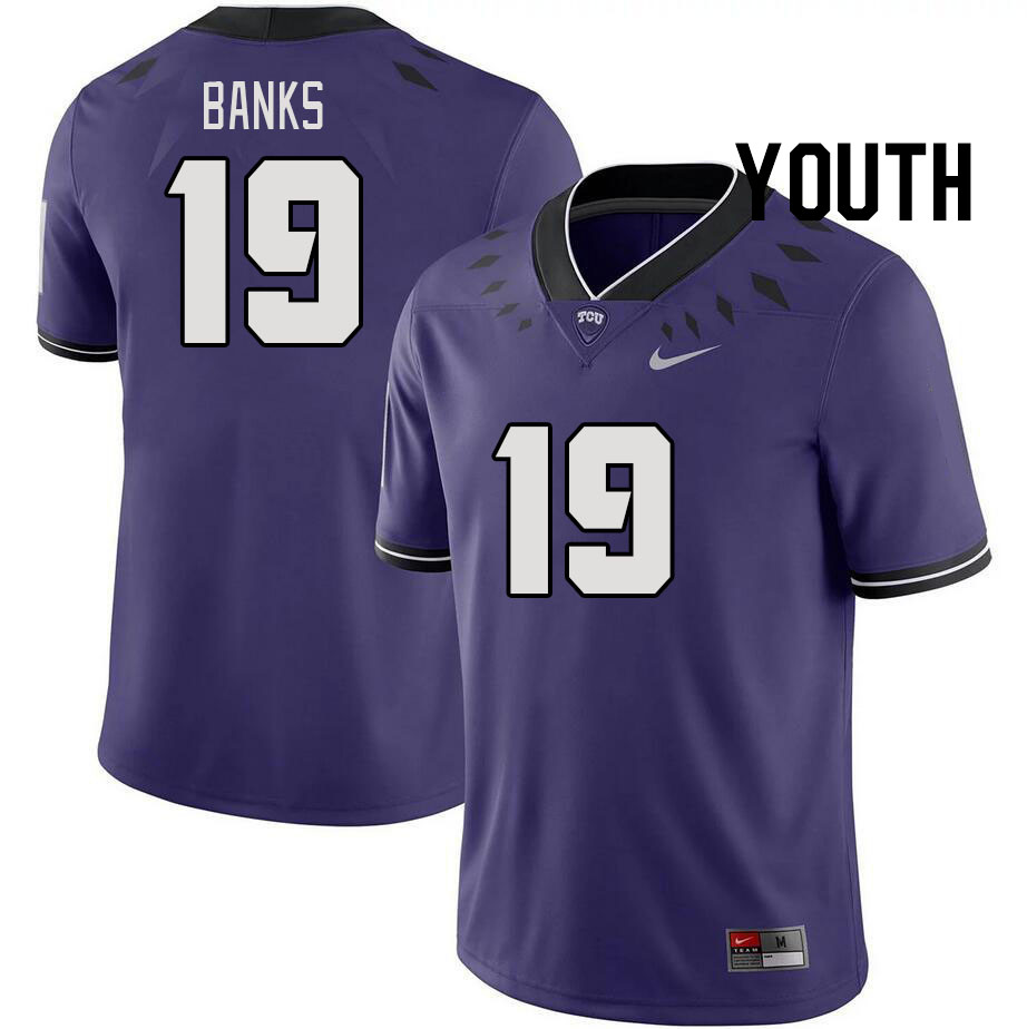 Youth #19 Shadrach Banks TCU Horned Frogs 2023 College Footbal Jerseys Stitched-Purple - Click Image to Close